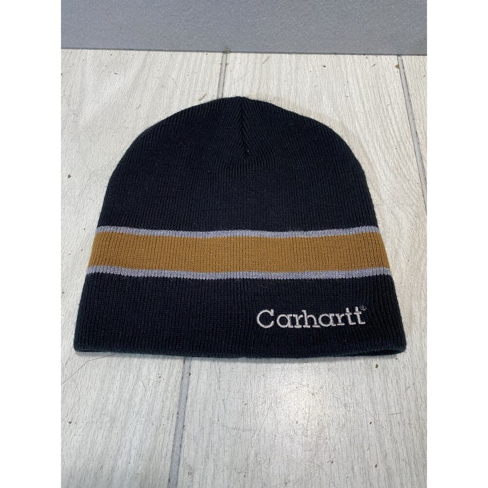 Vintage Y2K Carhartt Beanie Cap Hat One Size Green Embroidered Skate Tan Stripe